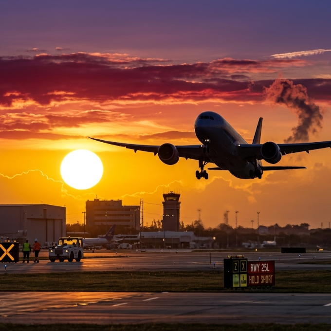 Avión despegando al atardecer