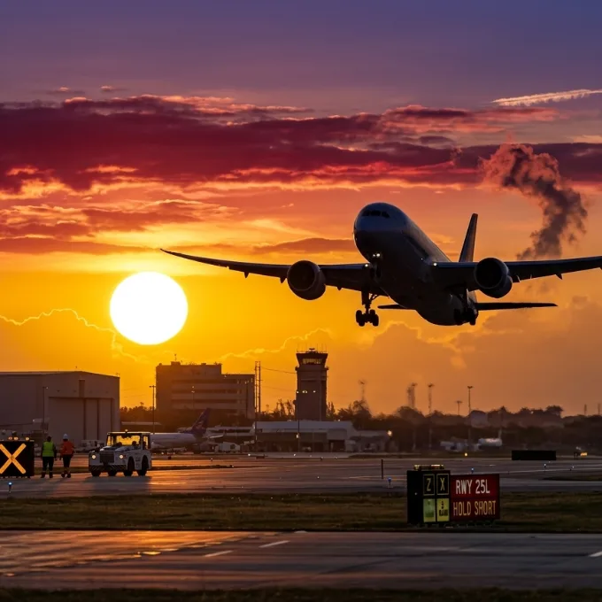 Avión despegando al atardecer