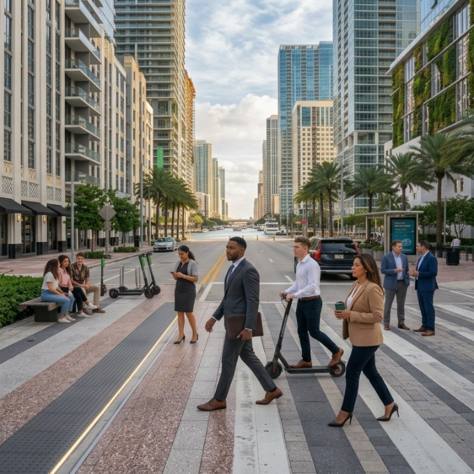 Peatones cruzando una avenida en Miami