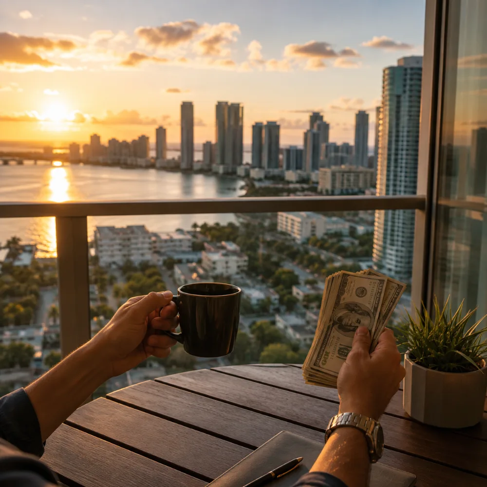 Propietario contando dólares en la terraza con vista al skyline de Miami