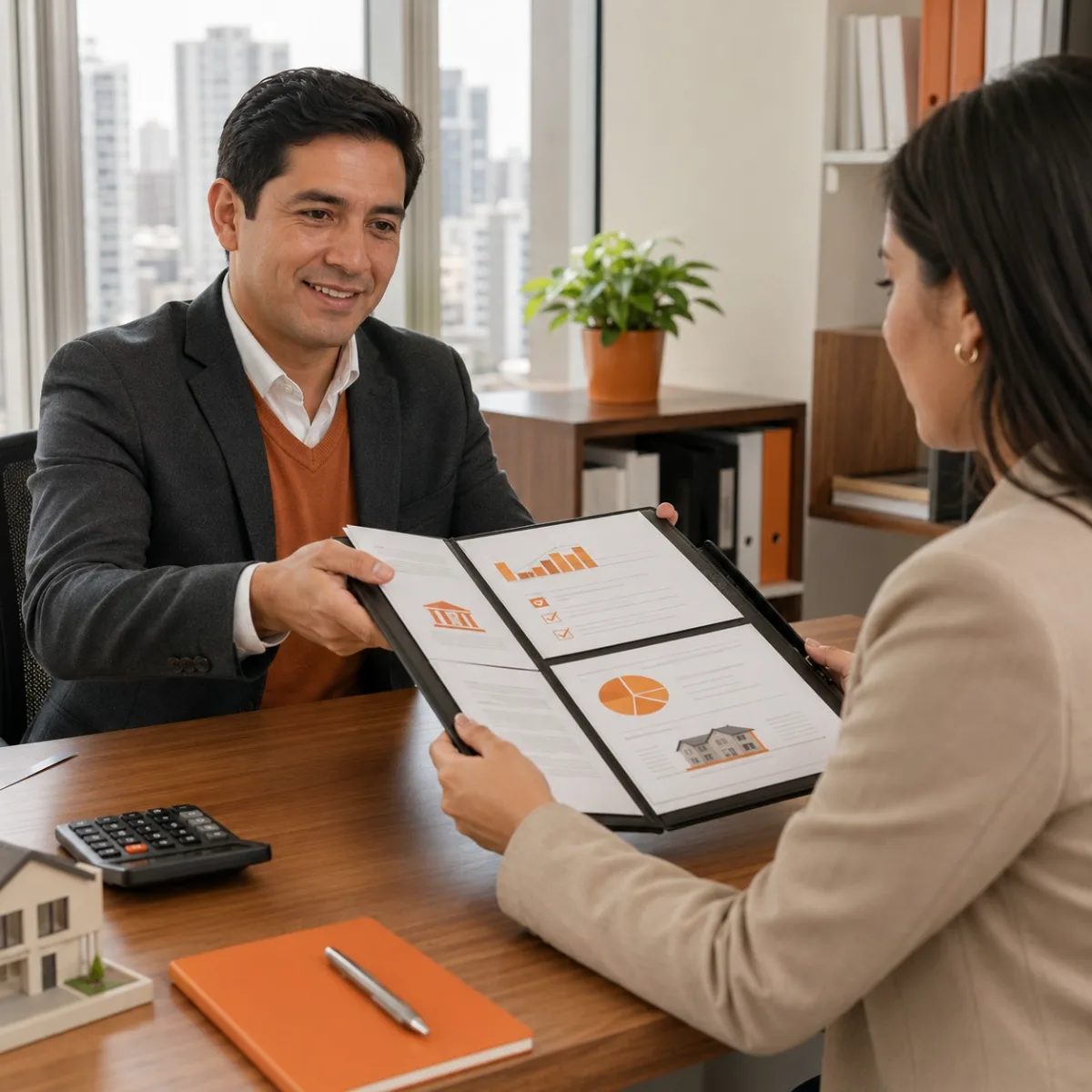 Asesor revisando estados de cuenta y respaldo financiero con una clienta
