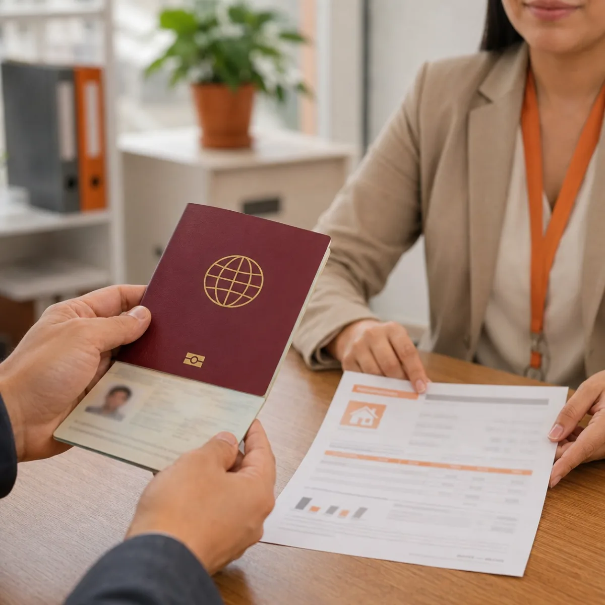 Cliente entregando su pasaporte y documentos de identidad a una asesora