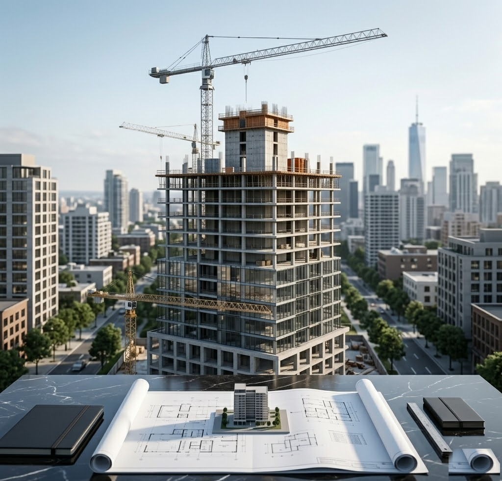 Proyecto en construcción con planos arquitectónicos